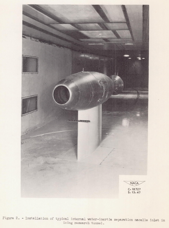 Figure 2 of NACA-RM-E8A27. Installation of typical internal water-inertia 
separation nacelle inlet in icing research tunnel.
